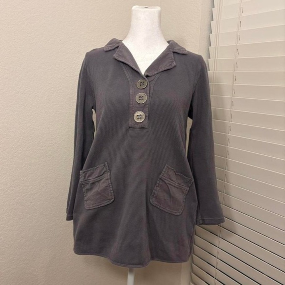 soft surroundings size small grey waffle‎ knit cotton henley top w large buttons